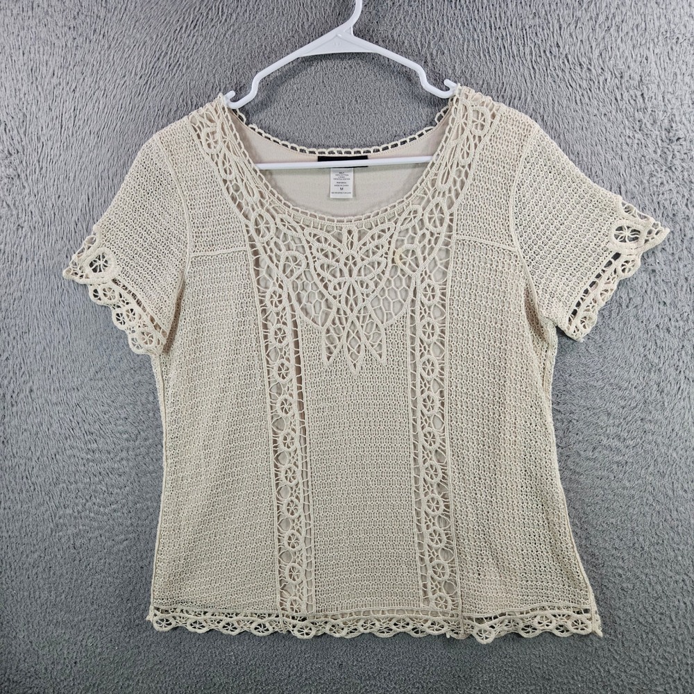 Jennie & Marlis Women Beige Crochet Lace Short Sleeve Lined Top Size M